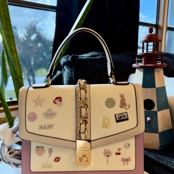 ALDO Cream and Purple Satchel with Gold Accents - Picture 12 of 15